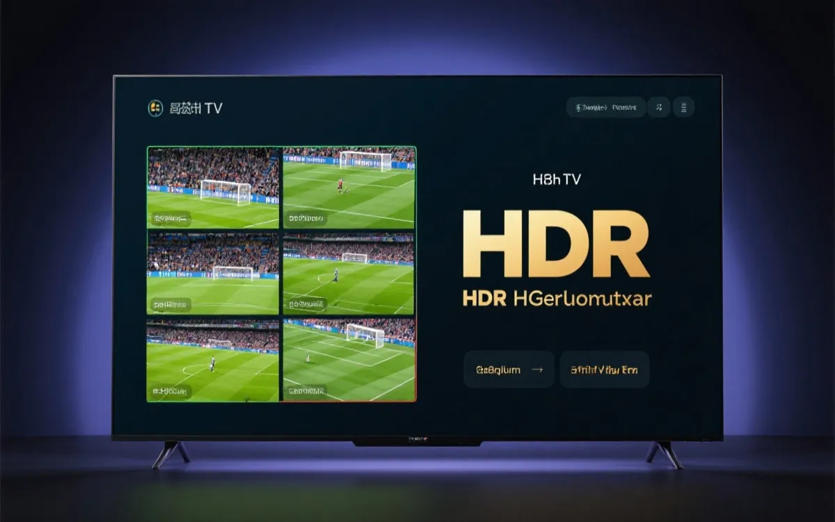 超高清电视显示足球比赛，多机位界面与HDR对比的视觉示意