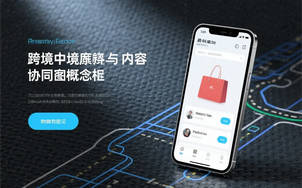 跨境电商与内容协同的抽象场景：手机购物界面、物流线路与体育氛围
