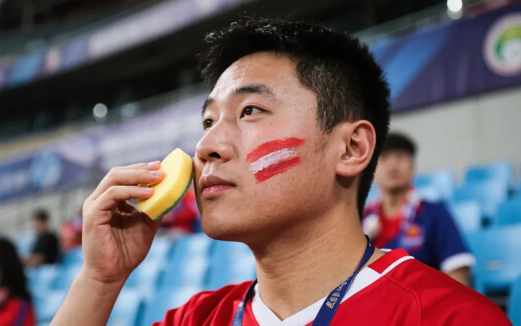 球迷脸部彩绘防汗定妆过程，海绵上色与散粉轻压，清爽看台氛围