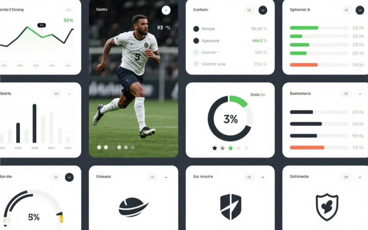 数据风格球员评分卡片布局：跑动、对抗、传球、抢断拦截与扑救质量可视化