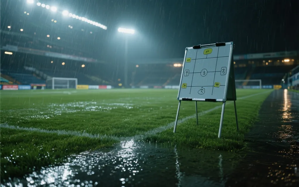 雨后球场灯光下的草皮与比赛战术板，体现天气场地与比分预测的关系