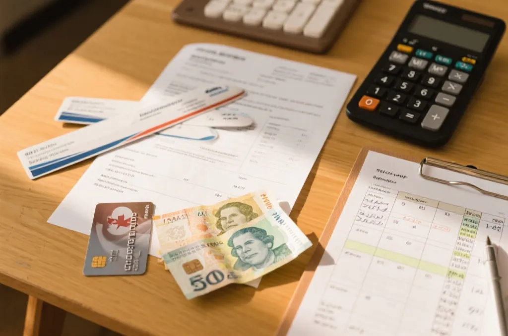 旅行预算表与加元现金、银行卡放在桌面上，旁边有机票与酒店预订单