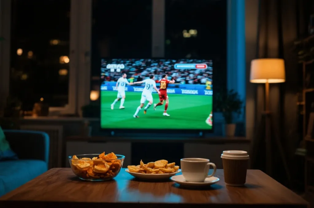 世界杯夜间观赛场景，桌上有零食和咖啡，电视画面呈现紧张比赛氛围