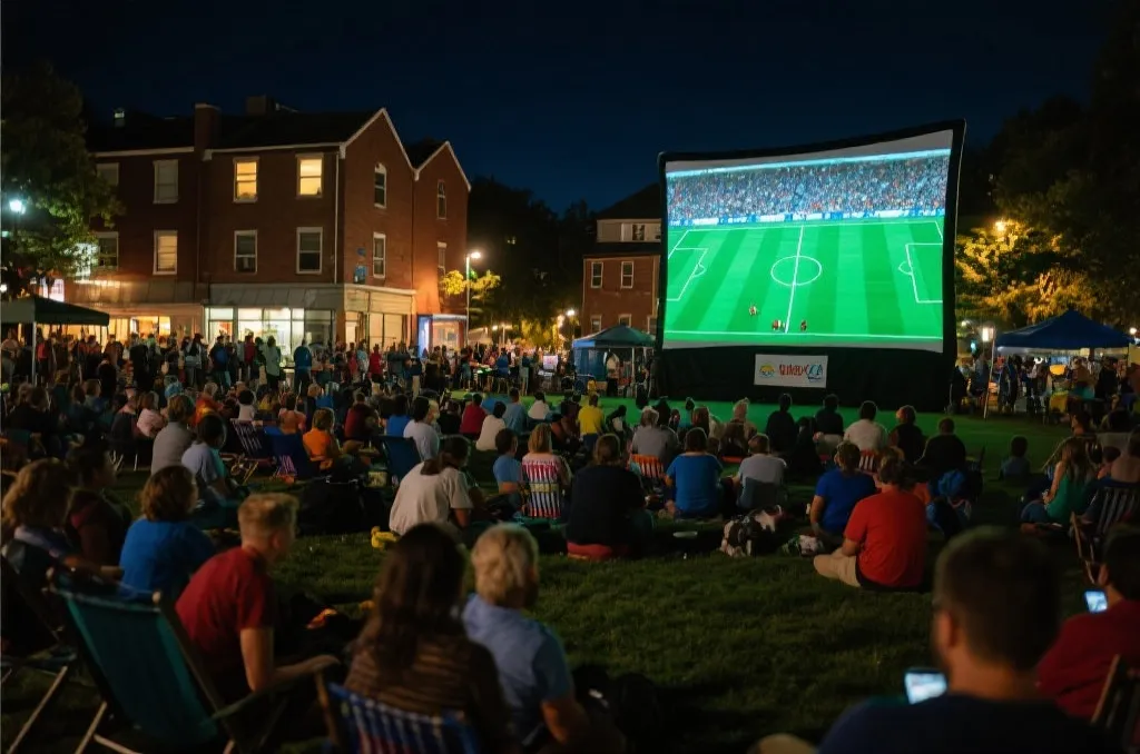 社区大屏观赛活动与朋友并肩欢呼的场景